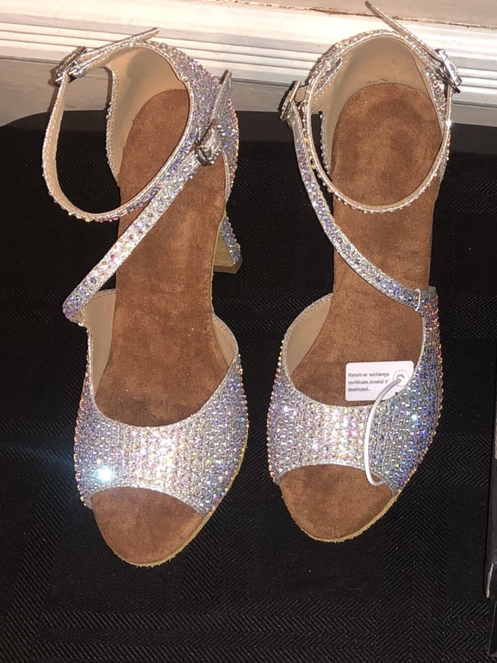 DanceandSway Silver Rhinestone Asymmetrical Strappy Dance Heels Size 8